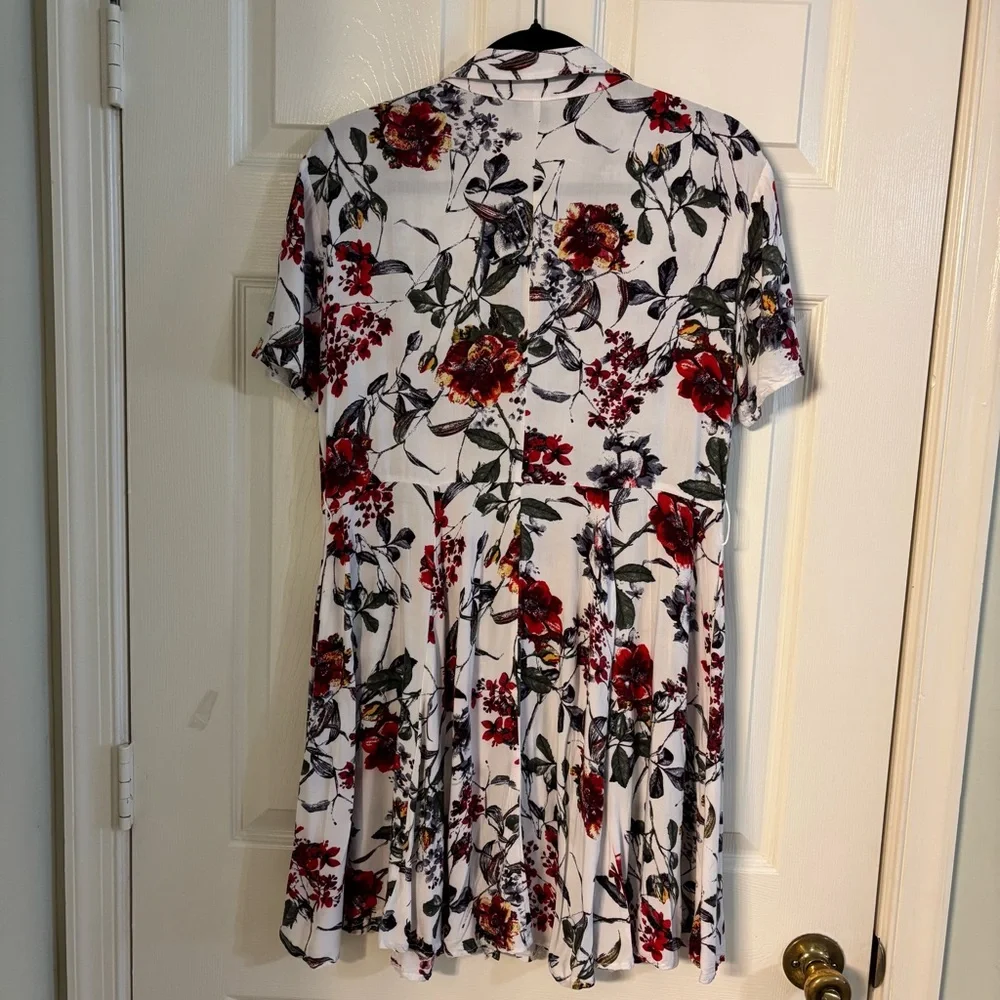 Lulus Floral Shirt Dress Large White Red Belted Fit Flare Mini Dress